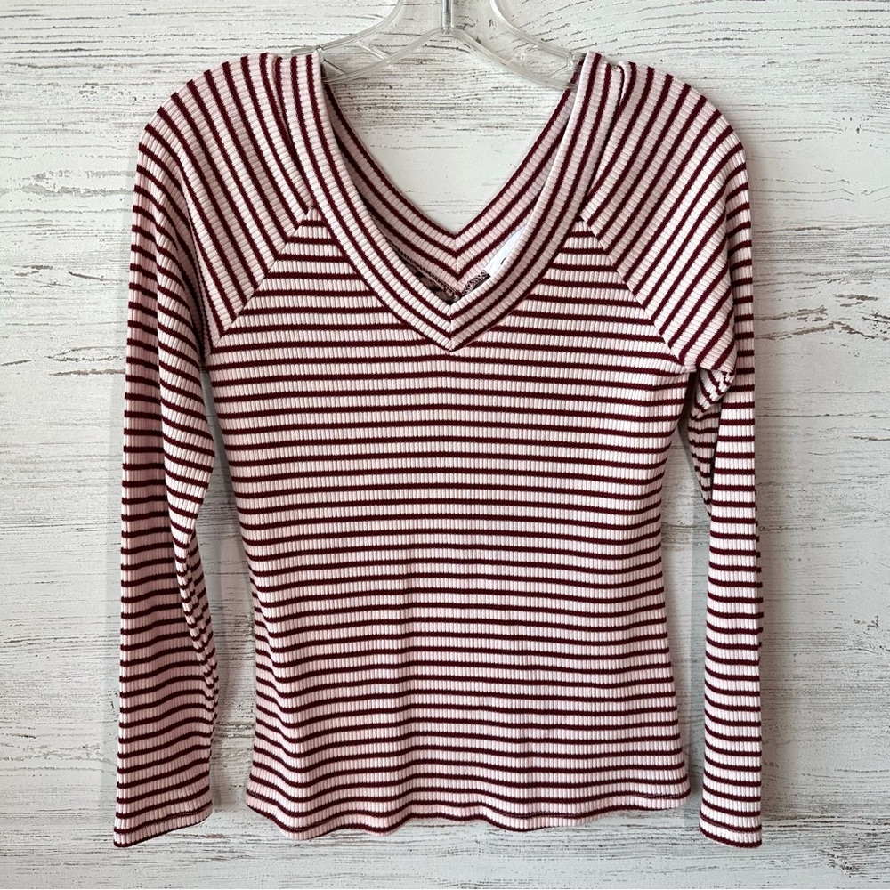 *3/$20* GILLI Striped Ribbed V Neck Y2K Long Sleeve Top S Pink Red